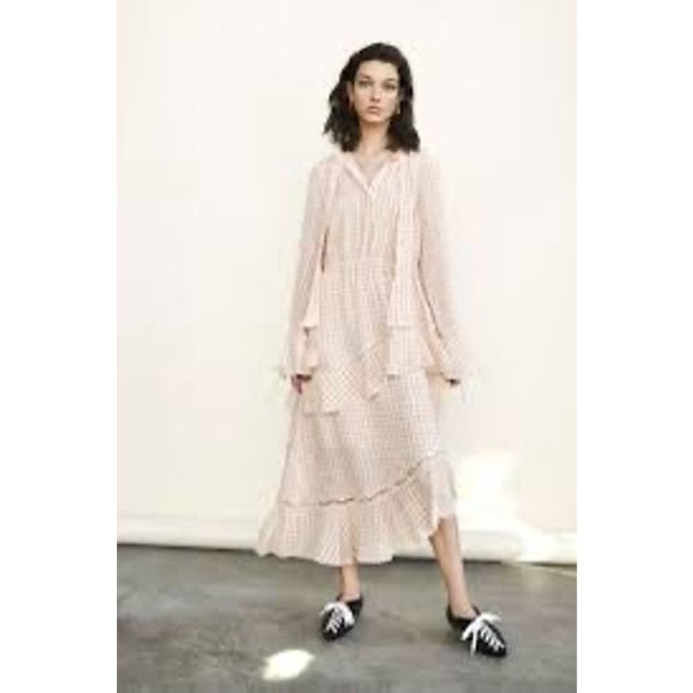 DEREK LAM 10 Crosby Cream Red Tiered Windowpane Asymmetrical Ruffle Dress Size 8